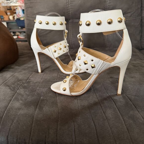 Michael Kors White Studded Ankle-Strap Heels With Gold Accents Size 6 - Picture 3 of 7